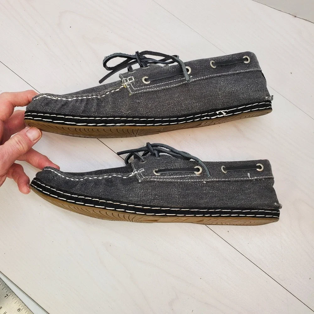 GBX Mens Boat Shoes Charcoal Denim‎ Canvas Plaid Lining Moc Toe 13M Street-Savvy